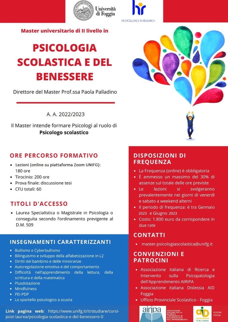 Bando Master II livello UNIFG Psicologia Scolastica e del Benessere, a.a.  2022-2023 – UstFoggia